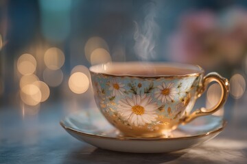 A beautiful vintage teacup with steam and golden accents on a cozy bokeh background.