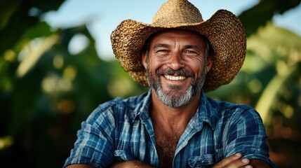 Fototapeta premium A joyful farmer wearing a straw hat smiles broadly against a backdrop of lush green crops, emphasizing a connection to nature, hard work, and rural life.