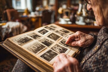 An elderly person's wrinkled hands gently turning pages of a vintage photo album.