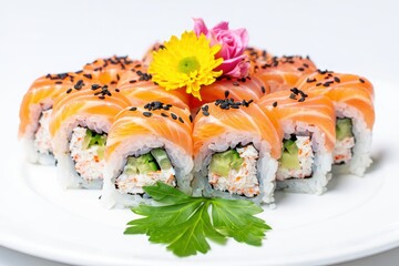 Salmon sushi rolls with cucumber and crab filling garnished with flowers food japanese