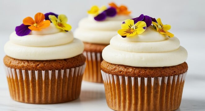 Delightful and Colorful Cupcakes with Creamy Frosting and Edible Flowers Adorning the Top