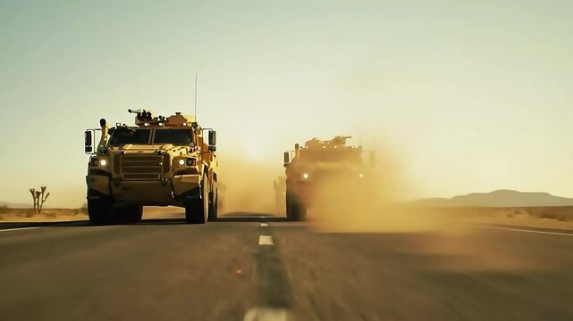large military vehicles moving across a dusty road