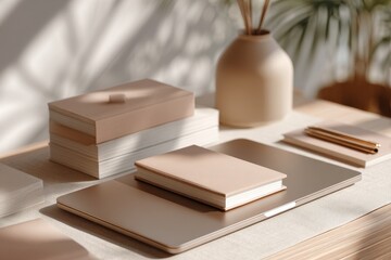 A calm and neutral-toned desk setup with books, laptop, and natural light.