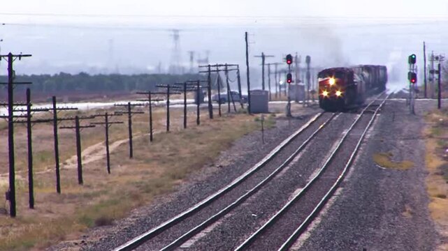 Long shot through heat-wavy air of an approaching freight train moving along a line of telephone poles in an arid, weedy landscape near Bakersfield, California