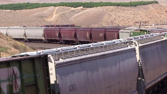 Railroad train of grain hopper cars going around a bend in an arid landscape near Bakersfield, California.