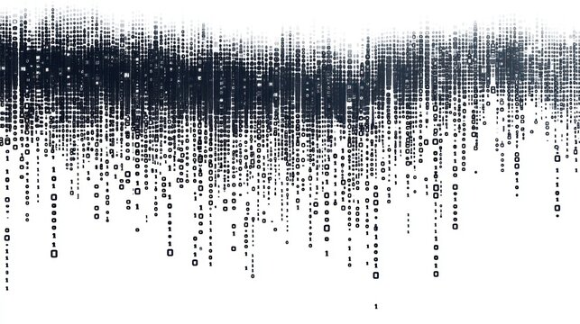 Abstract binary code cascade, digital rain data stream on a white background