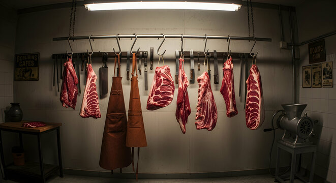 Butcher Shop Display with Hanging Meat and Traditional Equipment