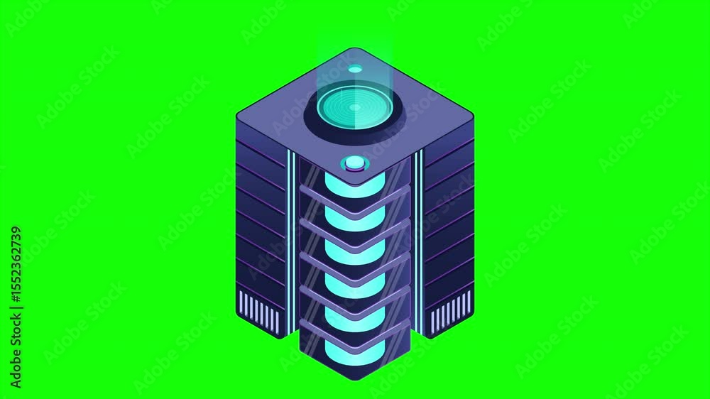 Poster isometric futuristic server animation. isometric database or data center. abstract blockchain. compu