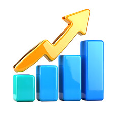 Golden arrow graph rising over blue and turquoise bars isolated on a transparent background