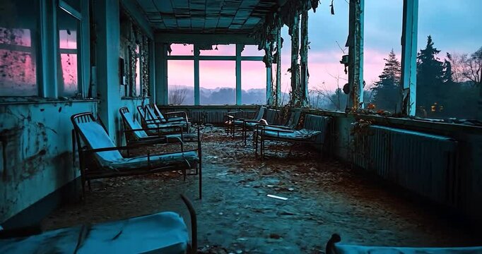 Dilapidated interior of an abandoned building with rows of rusted beds and broken windows bathed in blue and pink light from sunset outside