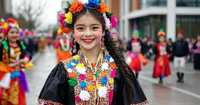 Young girl in festive attire smiles during a vibrant outdoor cultural parade featuring colorful costumes and joyful celebration amidst blurred background