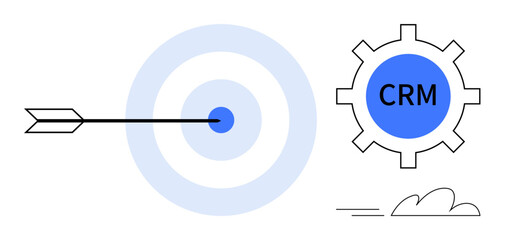 Arrow strikes bullseye alongside CRM gear and cloud element, symbolizing goal-oriented precision, efficiency, collaboration, and customer management. Ideal for business strategy, CRM, planning