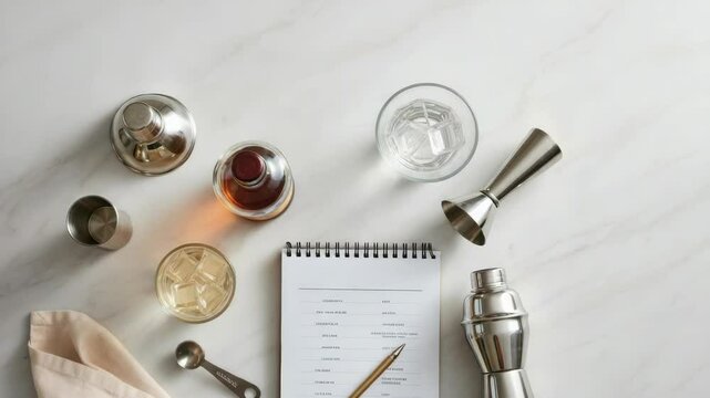 Cocktail making setup with ingredients, tools, and recipe notepad on white surface