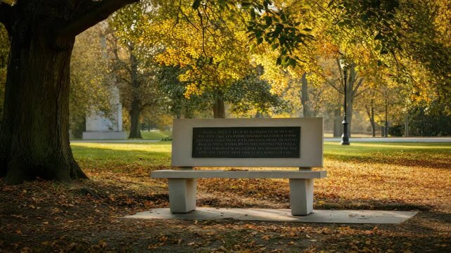 Park bench with engraved message under tree in autumn