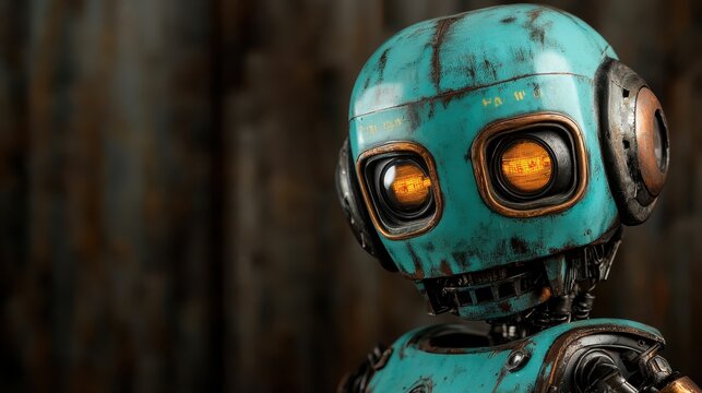 A striking, vintage-inspired robot with a worn turquoise finish and bright orange lights, representing a blend of nostalgia and futuristic charm in design.