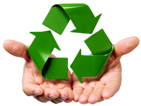 Hands holding green recycling symbol with glossy finish isolated on a transparent background