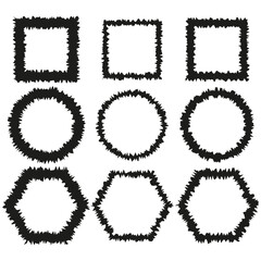 Rough frame collection. Distressed edge shapes. Imperfect border Vector. Uneven line art.