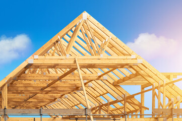 Building construction of house - Timber framing stage of a new residential home attic construction...