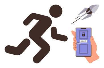 Person running with determination, smartphone unlocking a door, and rocket launch symbol representing speed, innovation, access, security, ambition, digital progress and goals. Ideal for technology