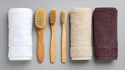 Rolled towels and wooden body brushes on a gray surface.