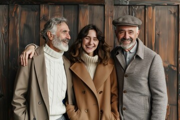 happy senior couple with adult daughter and grandfather smiling at camera on wooden background