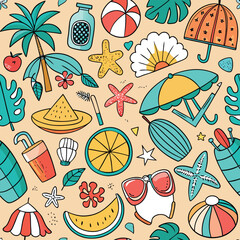 Summer Vacation Doodle Seamless Pattern, Beach & Sea Travel Elements