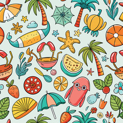 Summer Vacation Doodle Seamless Pattern, Beach & Sea Travel Elements