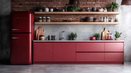 A sleek modern kitchen featuring striking red appliances against a rustic brick backdrop, highlighting contemporary design while blending warmth and functionality beautifully.