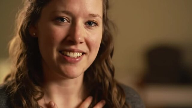 Smiling Woman Talks, Expressing Gratitude Indoors, in a heartfelt close-up with a feeling of sincerity and authenticity.