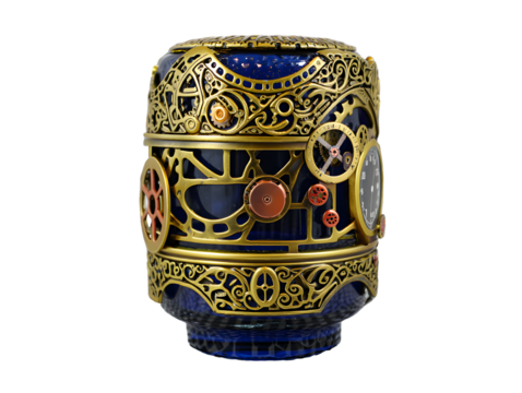 Ornate Steampunk blue glass container with intricate gold metalwork gears and clock faces isolated on a transparent background