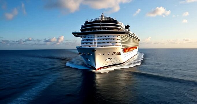 Large cruise ship sailing on open ocean under blue sky with sunlight. The video captures the vessel's forward movement and wake