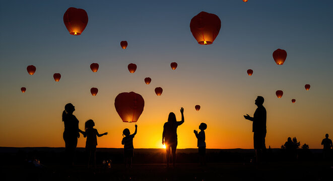 Family Silhouettes Watching Sky Lanterns at Sunset A Magical Moment - Canada Day