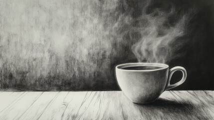 Steaming coffee mug on a wood table, charcoal drawing with smoky background