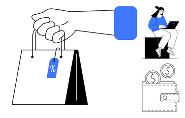 Hand holding bag with discount tag, woman seated browsing laptop, wallet with coins. Ideal for e-commerce, discounts, digital shopping, savings, retail budgeting customer engagement. Simple flat