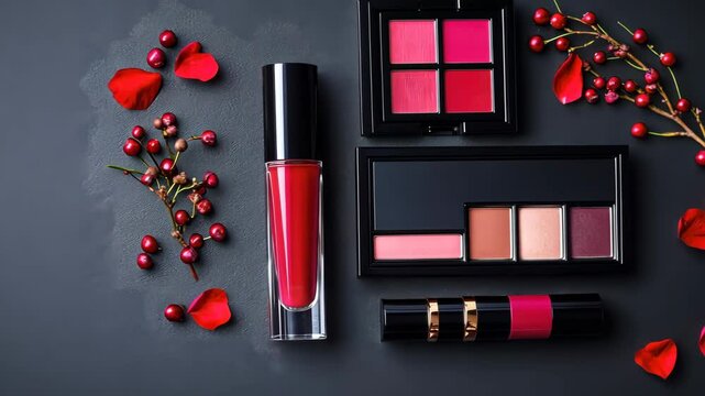 Elegant makeup arrangement transitions with lipstick and eyeshadow on dark backdrop