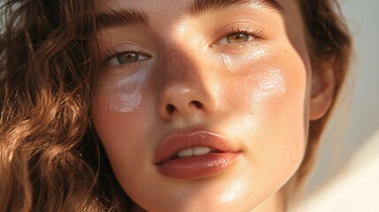 Close-up of a young woman with under-eye patches, glowing skin, and natural makeup. Sunlight creates soft shadows, emphasizing facial texture and skincare details in a beauty routine setting