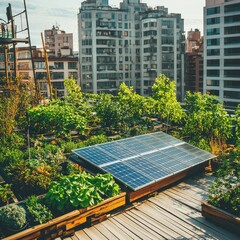 Urban rooftop garden with thriving plants and solar panels, showcasing sustainable city living and green architecture