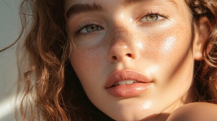 Freckled young woman in sunlight with glowing skin and natural expression. Emphasizes facial features, healthy complexion, and serene mood, perfect for skincare, wellness, or lifestyle themes