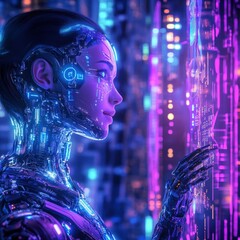 Futuristic female android interacting with glowing digital interface. Neon lights reflect on her metallic surface in a high-tech environment filled with data streams and circuits