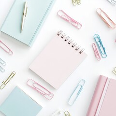 Flat lay of soft-colored stationery essentials on white table. Pastel spiral notebook, paper clips, and pen offer a calm, organized setting for office, study, or creative desk use
