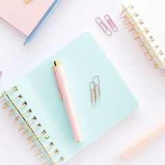 Pastel office supplies arranged on a clean white surface. Spiral notebook, clips, pen, and desk tools in soft tones create a modern, minimal desktop composition for creative work