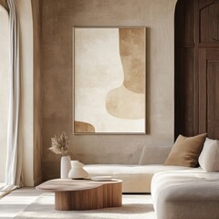 Neutral-toned interior with abstract framed artwork above beige cushioned sofa, low wooden coffee table, and minimalist decor creating a calm and elegant atmosphere