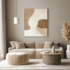 Contemporary living space with abstract wall art, beige sofa, round ottoman, coffee table, hanging chandelier, and decorative branch accent in serene neutral palette
