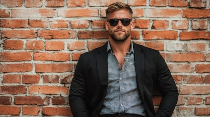 Obraz premium A fashionable man in a sleek black suit and sunglasses strikes a confident pose against a brick wall, embodying modern masculinity and style in a vibrant urban setting.