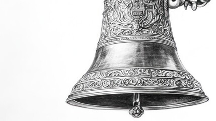 Detailed pencil sketch of an ornate bell, showcasing intricate carvings and metallic sheen against a white background