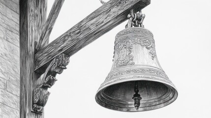 A weathered, ornate bell hangs from a rustic wooden structure against a bright, plain background.  The bell shows signs of age and intricate carvings
