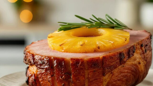 Glazed ham with pineapple ring and rosemary garnish on plate