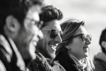 Group of friends having fun together on the street, black and white
