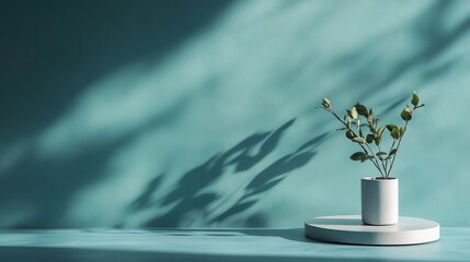 A minimalist aesthetic showcasing a small plant in a modern pot against a soothing blue backdrop, casting gentle shadows that accentuate the simplicity of design.