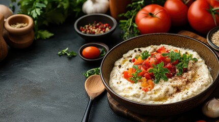 A vibrant bowl of creamy tomato salad adorned with fresh herbs, highlighting the rich textures and colors that elevate a simple dish to culinary art.